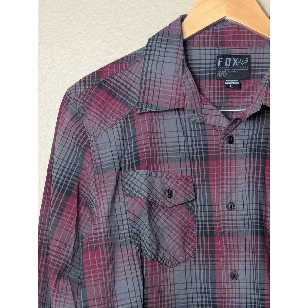 Fox Racing Button Down Shirt Mens L Burgundy Grey Plaid Heritage Forged 17302 - Picture 7 of 15